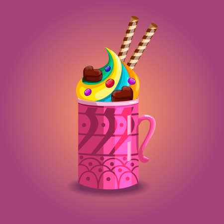 Cute cartoon mug with whipped cream and other sweetsのイラスト素材
