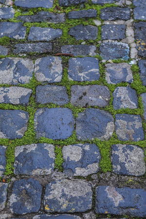 The old road of stones marking a pedestrian crossing.