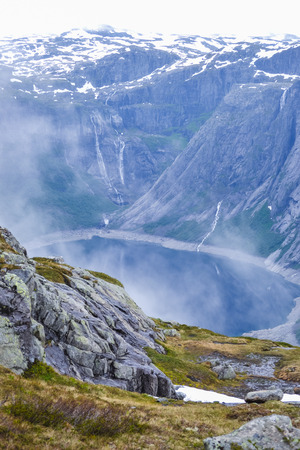 Hike starts from town called Odda. Trolltunga hike, Lake Ringedalsvatnet, Norway, Beautiful scandinavian landscape, Scandianavia, summer nature.の写真素材
