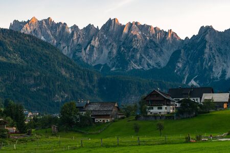 Gosau, Austria 12. September 2019: Gosau is a small village in the Austrian Alps that is surrounded by a very beautiful landscape full of lakes and mountains around. Great summer vacation in Europeのeditorial素材