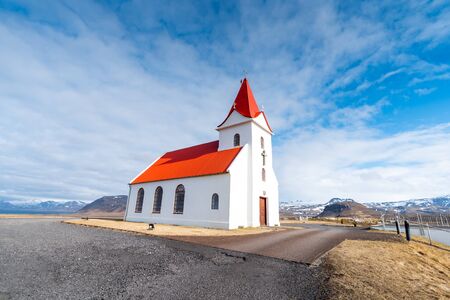 Panoramic view of Ingjaldsholskirkja church in Hellissandur, Iceland. Incredible Image of Icelandic landscape and architecture. Isolated church in a scenery of Scandinaviaの写真素材