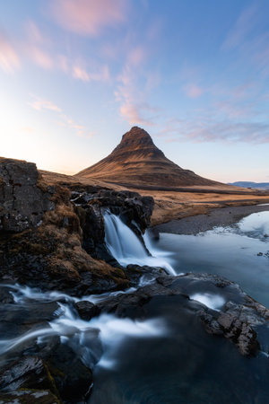 Kirkjufell is one of the most scenic and photographed mountains in Iceland all year around. Beautiful Icelandic landscape of Scandinaviaの写真素材