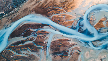 A glacial rivers from above. Aerial photograph of the river streams from Icelandic glaciers....