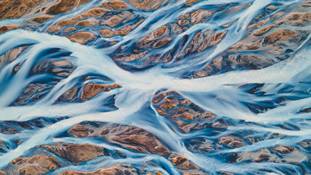 A glacial rivers from above. Aerial photograph of the river streams from Icelandic glaciers....