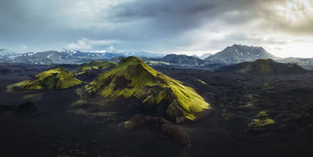 A high resolution panorama of the Highlands in Iceland during summer time. Landscape drone photography, Tourism in Iceland, beauty of the mother natureの写真素材