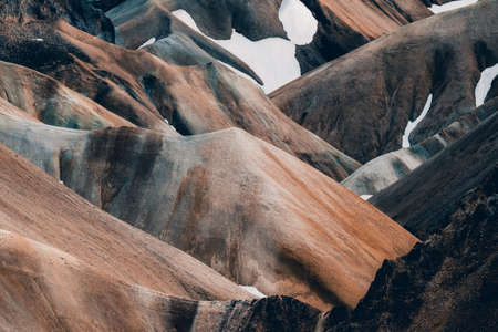 Landmannalaugar rainbow mountains close up photograph. Details of the Rainbow Mountains in the Highlangs of Iceland. Beautiful Icelandic landscapeの写真素材