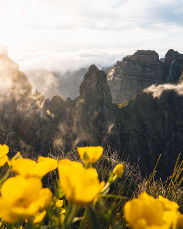 Scenic view on the trekking path from Pico Arieiro to Pico Ruivo during sunset in Madeira Portugal. High quality photoの写真素材