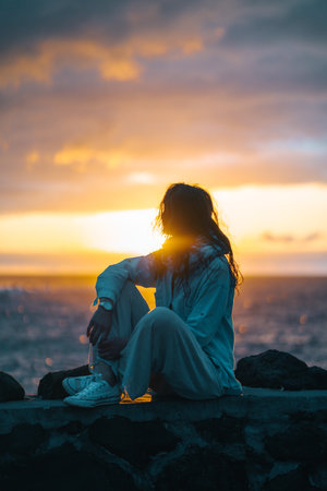 A solo female traveler enjoys colourful sunset on the coast. Summer lifestyle female photo. High quality photoの写真素材