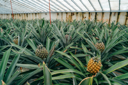 Pineapple Plantations in Azores. Discover lush fields cultivating delicious pineapples, a unique agricultural treasure amid the Azorean landscape. High quality photoの写真素材