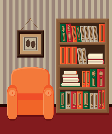 Illustration interior of home library with bookcase and armchairのイラスト素材