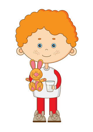 Little boy goes to sleep with his bunny-toy and a glass of milkのイラスト素材