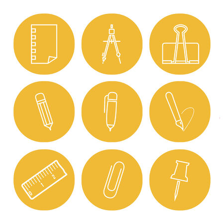 linear icons of office tools on the yellow round backgroundsのイラスト素材