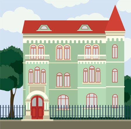 old vintage house with green facade and red roofのイラスト素材