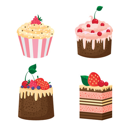 illustration of a four different cakes with cream and berriesのイラスト素材