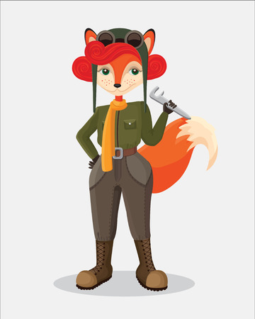 illustration of military fox-pilot that taking the wrench on her left hand in retro style on the simple gray backgroundのイラスト素材