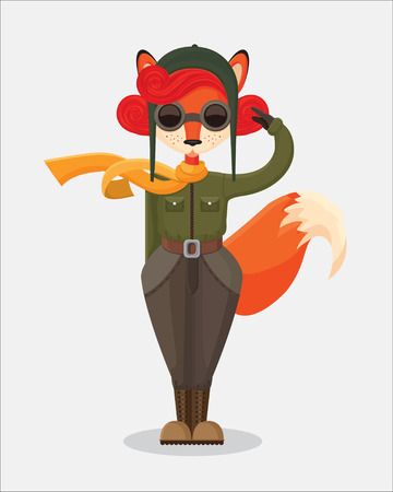 the illustration of military fox-pilot that upstanding and salute in retro style on the simple gray backgroundのイラスト素材