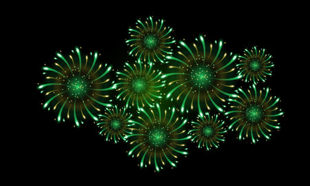 golden green fireworks, yellow green fireworks for celebration background decoration, fifth option of nineのイラスト素材