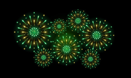 golden green fireworks, yellow green fireworks for celebration background decoration, fourth option of nineのイラスト素材