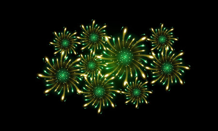 golden green fireworks, yellow green fireworks for celebration background decoration, sixth option of nineのイラスト素材