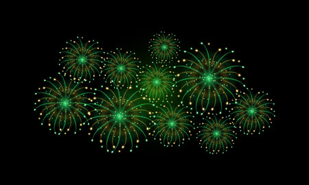 golden green fireworks, yellow green fireworks for celebration background decoration, eighth option of nineのイラスト素材