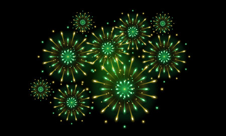 golden green fireworks, yellow green fireworks for celebration background decoration, second option out of nineのイラスト素材
