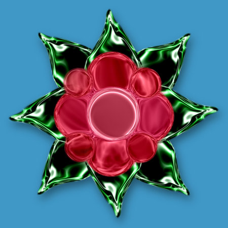 Glossy red flower with green leaves glassy metallic look blue background