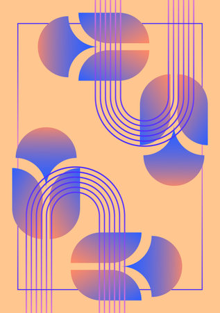 Vertical abstract poster with rounded geometric shapes and parallel arcs in violet blue to pink gradients on a soft peach background with a thin frame.のイラスト素材
