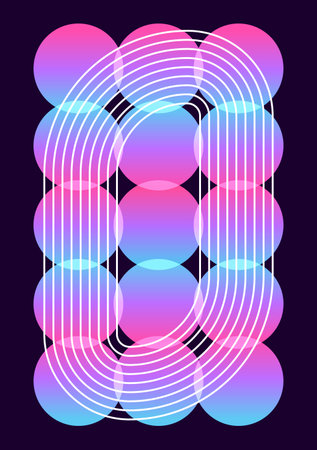 Neon palette with a grid of gradient circles over a dark background wrapped by parallel rounded white track lines in a large oval.のイラスト素材