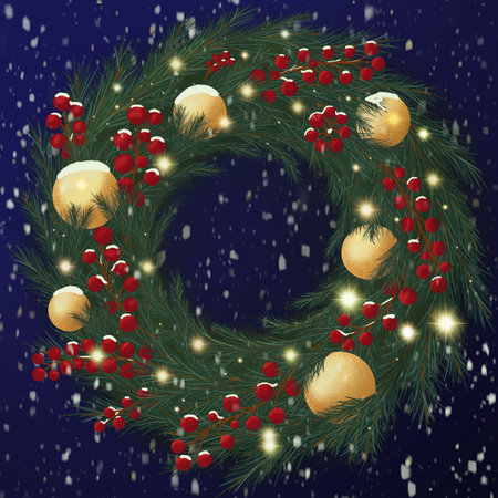 Christmas wreath with pine branches red berries and golden baubles on dark blue snowy backgroundの写真素材