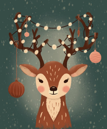 Christmas postcard with a cute deer: glowing garland and ornaments on antlers. Hand drawn illustrationの写真素材