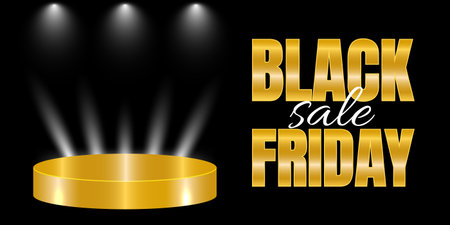 Black Friday luxury promo banner black and gold, gold podium banner with spotlightsのイラスト素材