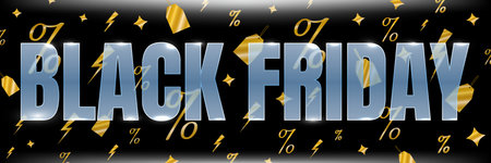 Black Friday banner with a glassmorphism-style inscription, discount, gold lightning bolt, glassmorphismのイラスト素材