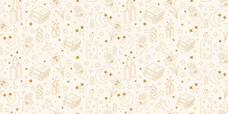 Seamless esoteric pattern with crystals books hand eye moon stars and lily, backgroundの写真素材