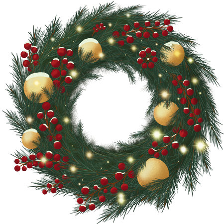 High resolution PNG of a festive evergreen wreath with pine branches, red berries, and glowing gold baubles. Soft sparkles add a warm holiday feel. Great for stickers, cards, invites, wall art, and seasonal decor on products.の写真素材