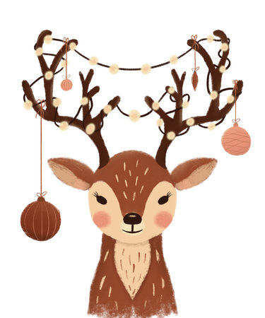 Cute winter illustration of a baby deer with string lights and hanging ornaments on its antlers, on a dark snowy background with soft texture. Great for stickers, greeting cards, phone cases, mugs, and festive wall art.の写真素材
