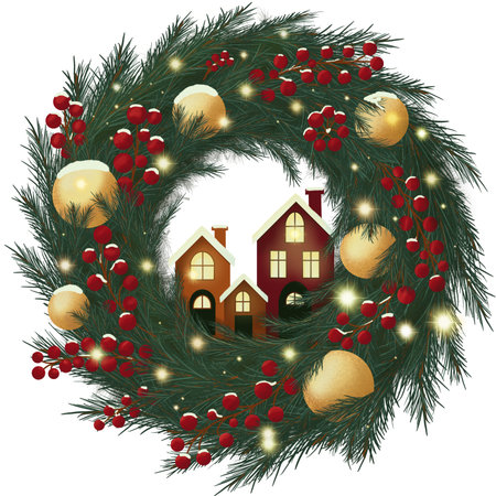 High resolution PNG featuring a festive evergreen wreath with pine branches, red berries, glowing gold baubles, and warm lit houses in the center. Soft sparkles create a cozy holiday mood. Great for stickers, cards, invites, posters, and seasonal product designs.の写真素材