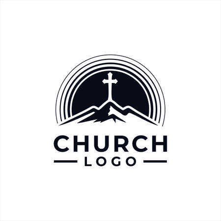 church logo design vector with mountain sun and cross for communityのイラスト素材