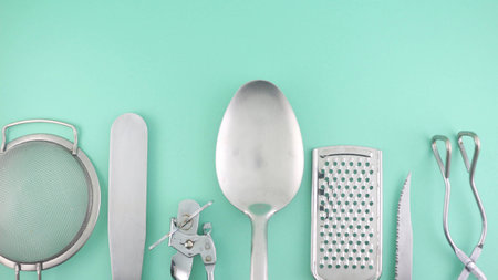 Kitchen Utensils - on Teal (Organized)の写真素材