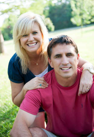 Happy married couple outsideの写真素材