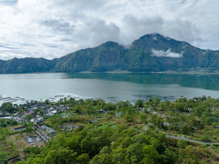 Aerial view of the lake and mountain in the rainforest.の写真素材