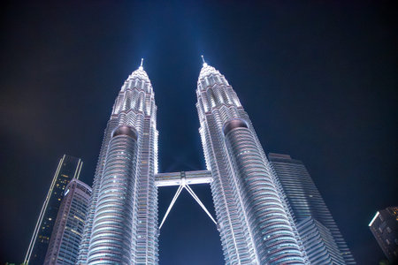 Petronas Twin Towers at night. The twin towers are the tallest buildings in Malaysia.