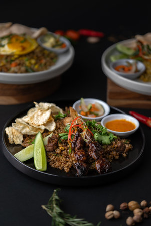 Fried rice with chicken and vegetables on a black background.の写真素材