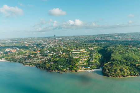 Aerial view of tropical island with beach, sea, ocean and blue skyの写真素材