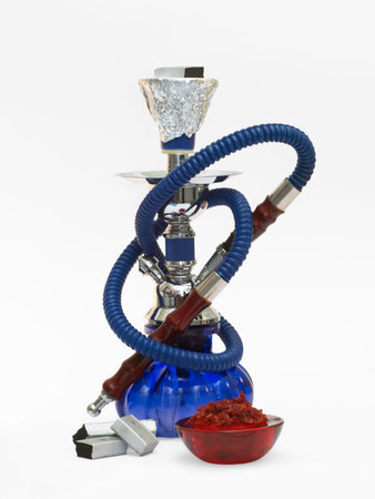 Hookah In Silver And Blue And Red Tobacco Prepared For Smoking Isolated On White