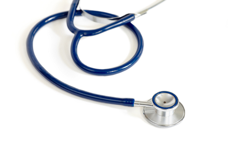 Blue and Silver Stethoscope over White Backgroundの写真素材