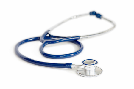 Blue and Silve Stethoscope over Whiteの写真素材