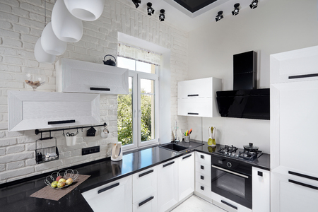 Interior of Modern Kitchen with Light Oak Facadeの写真素材