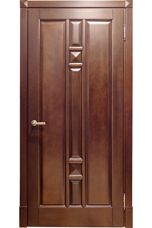 Isolated brown metal with wooden overlays entrance doors with a brass handle on a white backgroundの写真素材