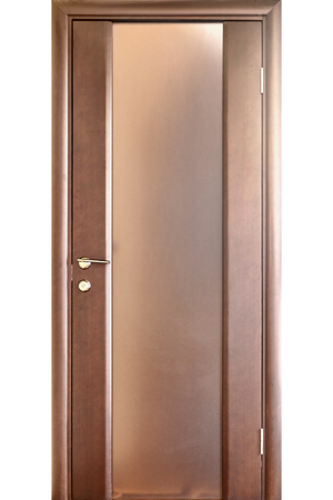 Wooden interior door of mahogany wood with brass handle and insets of frosted glass isolated on white backgroundの写真素材