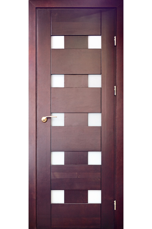 Wooden interior door of red oak with brass handle and insets of frosted glass squares isolated on white backgroundの写真素材